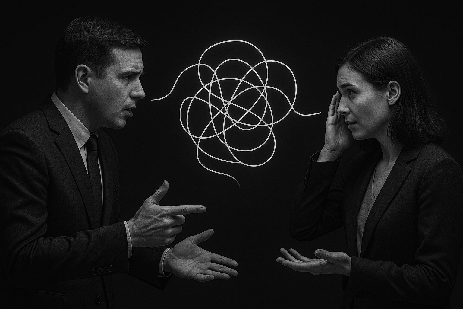 Deux collègues en discussion tendue, avec un symbole de communication brouillée entre eux.