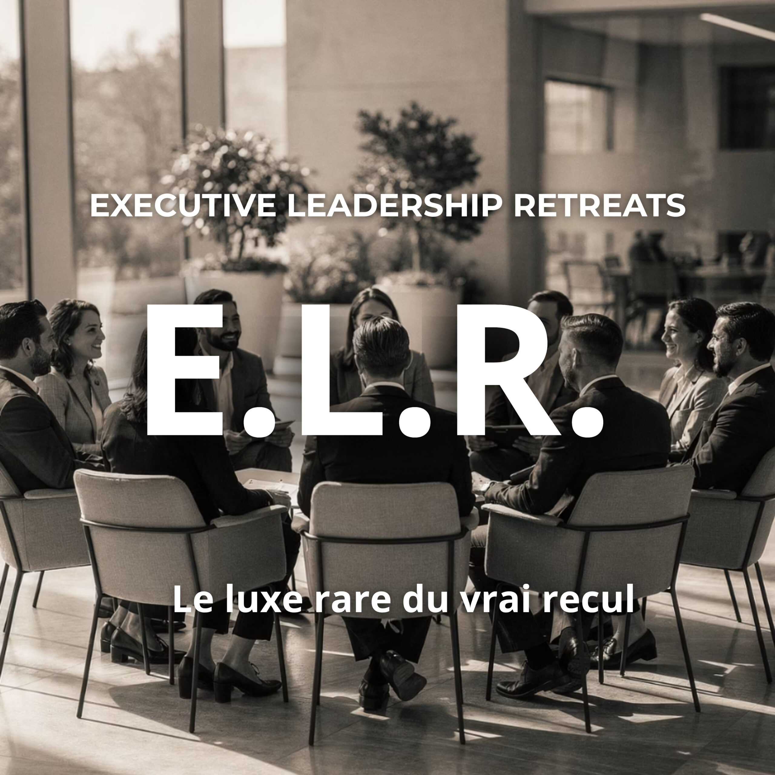 Groupe de dirigeants assis en cercle dans un espace élégant en noir et blanc, visuel Executive Leadership Retreats en Corse par Mentoriel