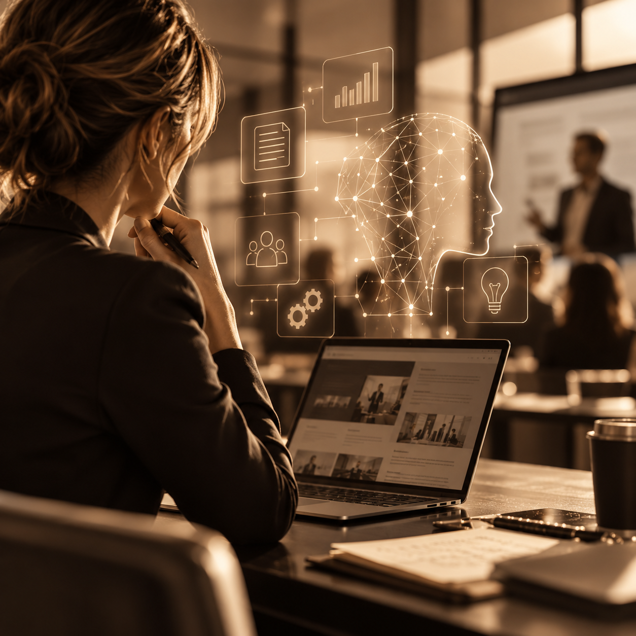 Professionnelle utilisant un ordinateur avec une représentation numérique de l'intelligence artificielle lors d'une session de travail.