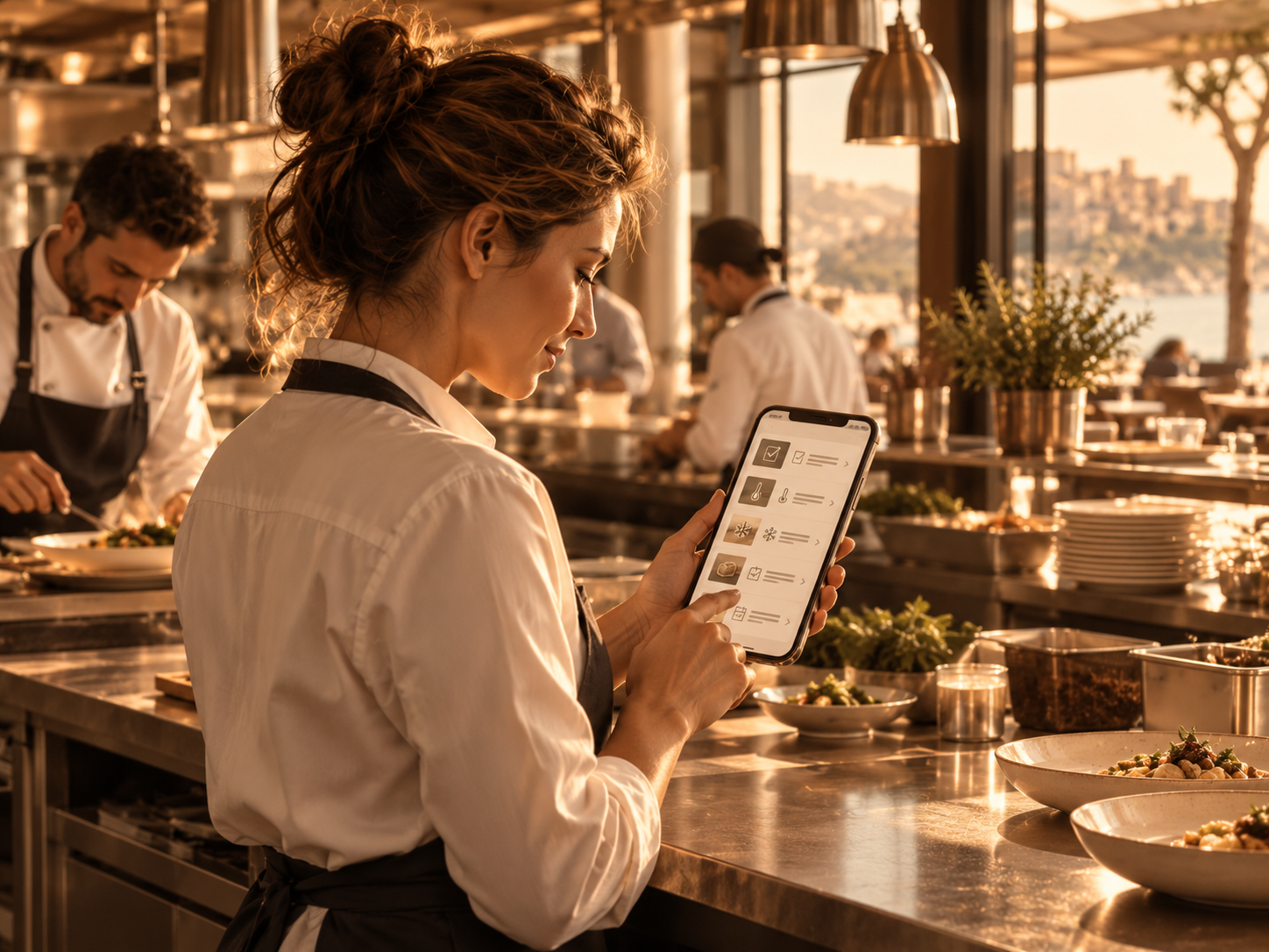 Professionnelle de la restauration utilisant une application de suivi sanitaire sur smartphone dans une cuisine professionnelle.