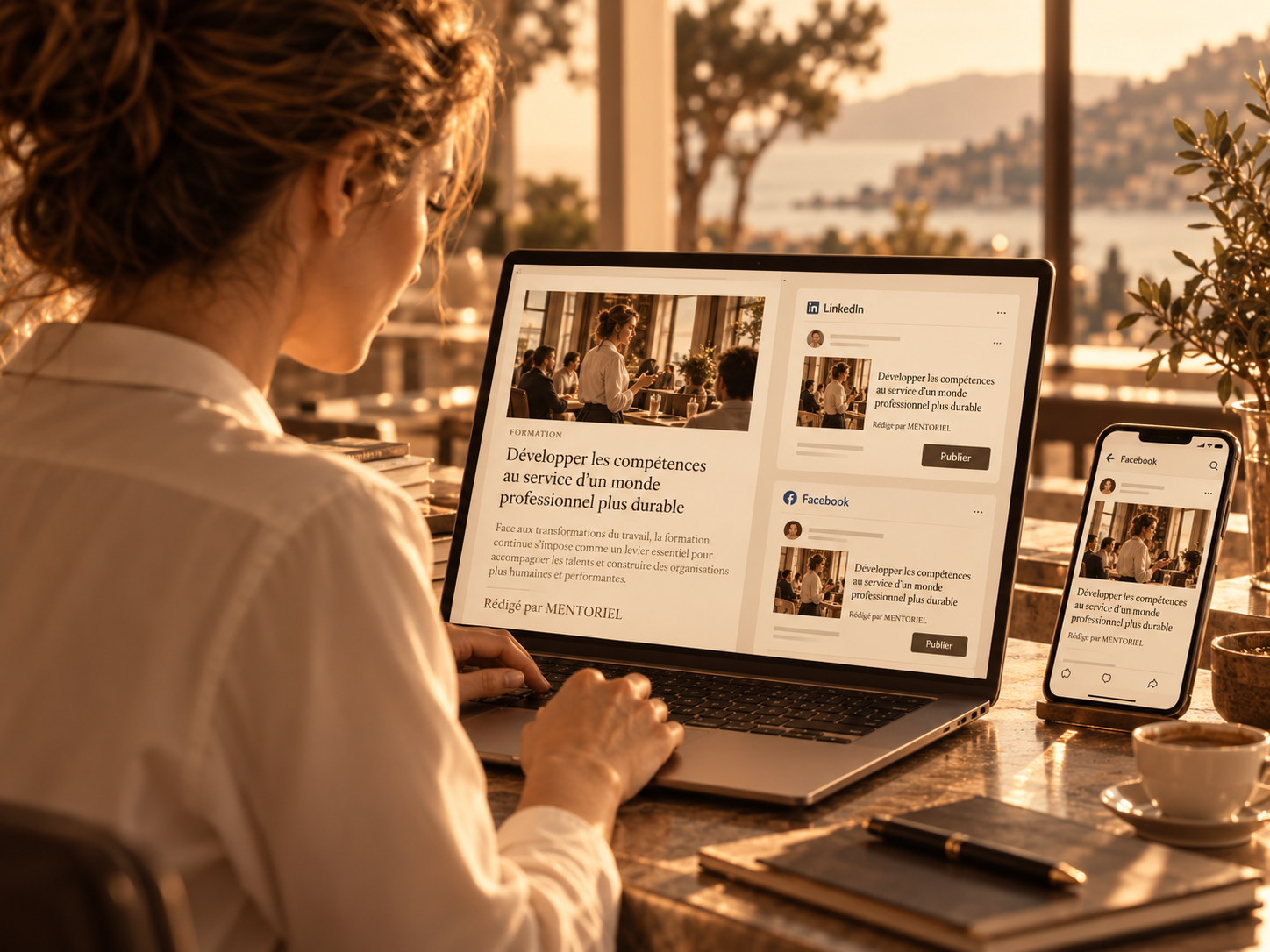 Rédaction d'un article sur la formation professionnelle, présenté sur ordinateur et partagé sur LinkedIn et Facebook.