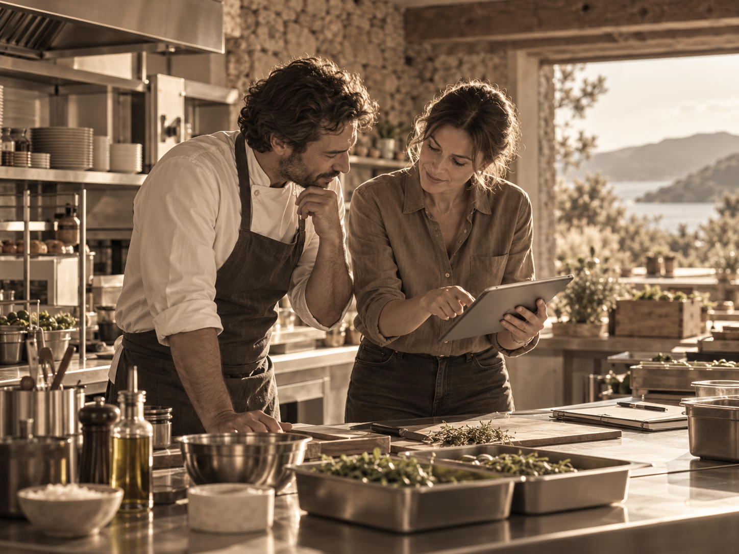 Un professionnel de la restauration et une formatrice consultent une tablette lors d'une formation pratique en cuisine professionnelle.